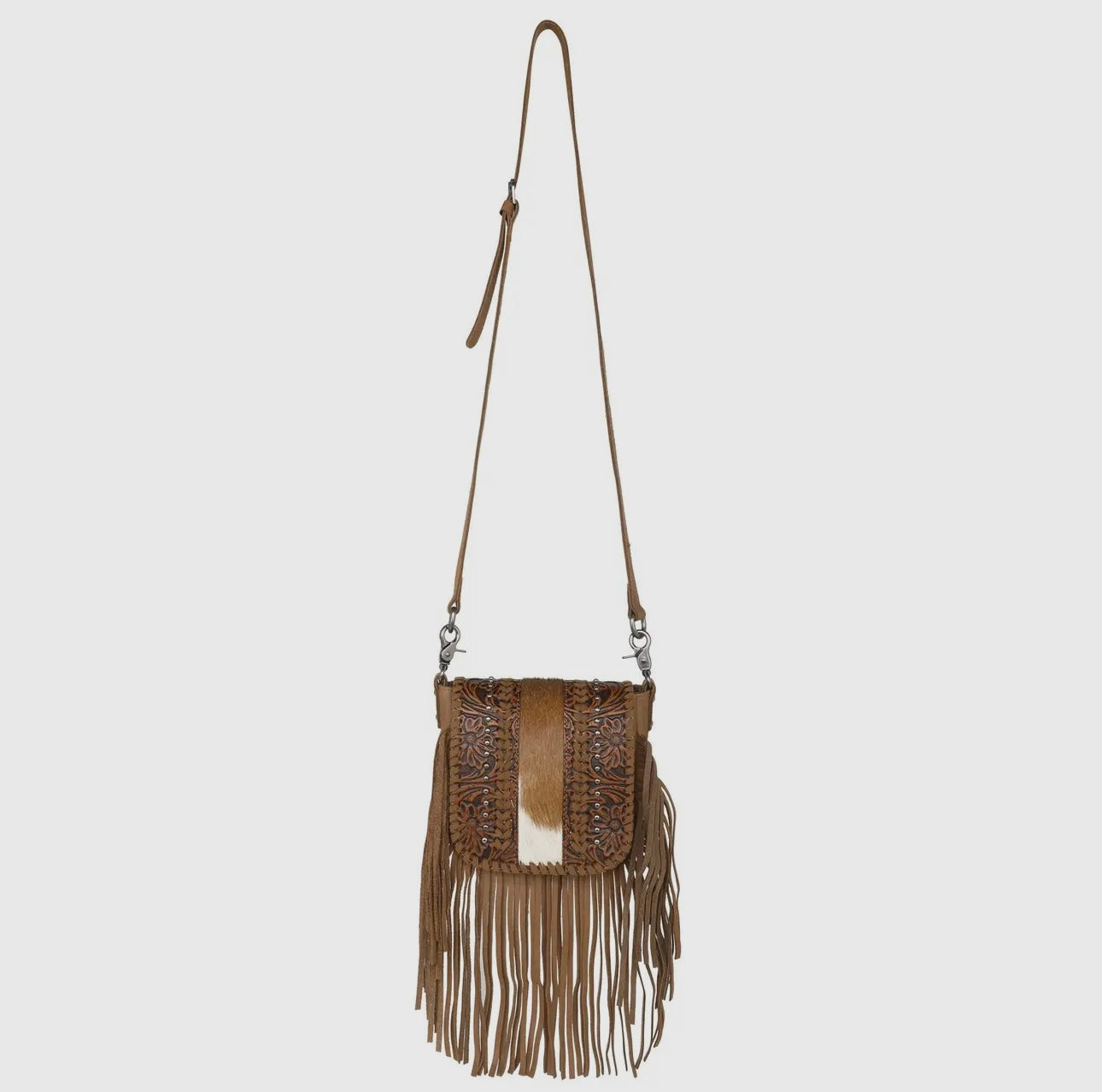 Leather Hand Tooled Cow Print Brown Fringe Crossbody