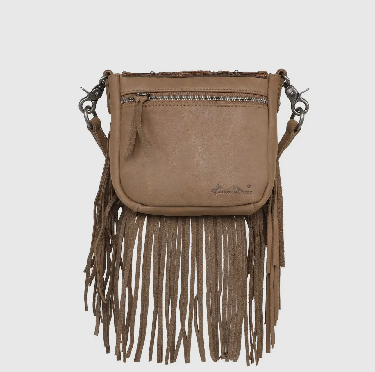 Leather Hand Tooled Cow Print Brown Fringe Crossbody