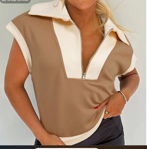 Simply Taupe Half- Zip Short Sleeve Top