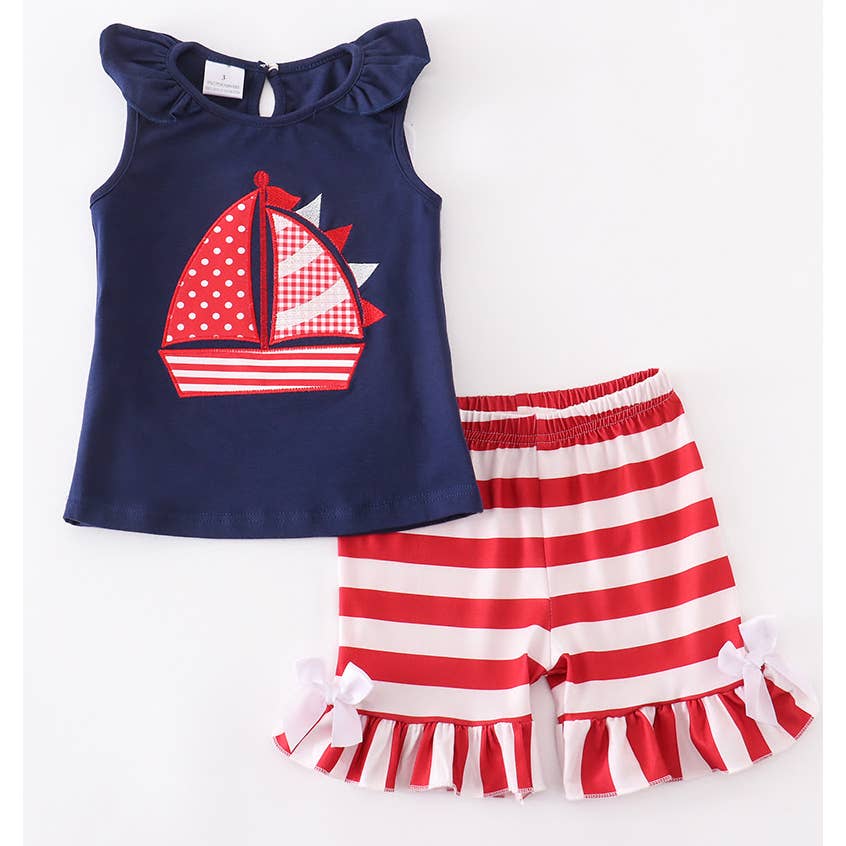 Girls Nautical Sailboat Shorts Outfit 4th of July Clothing