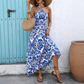 Blue Floral Halter Neck Maxi Dress Boho Vacation Style