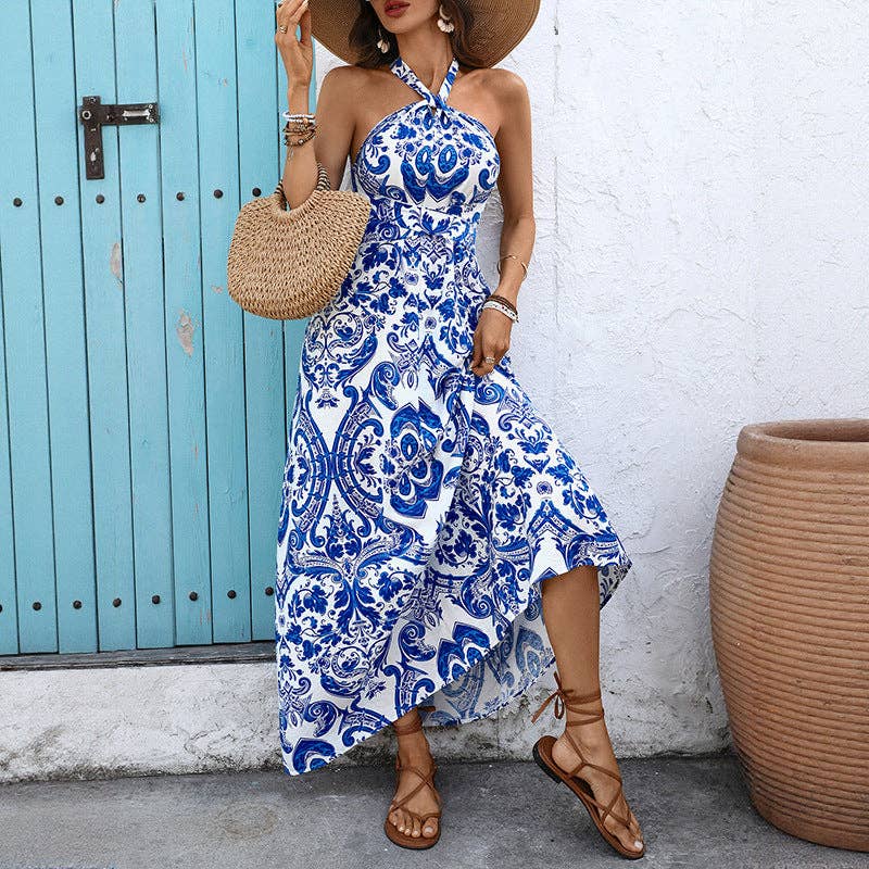 Blue Floral Halter Neck Maxi Dress Boho Vacation Style