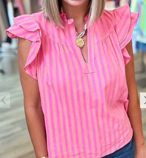 Pink Stripe Ruffled Sleeve  Blouse