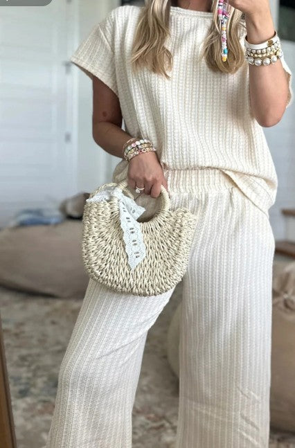 Beige Textured Cropped Pant Set