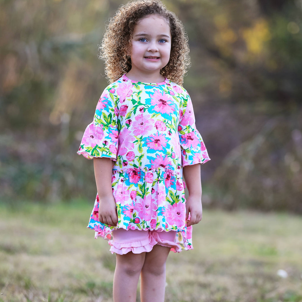 Girls Angel Sleeve Pink Floral Ruffle Hi Low Shirt Clothing
