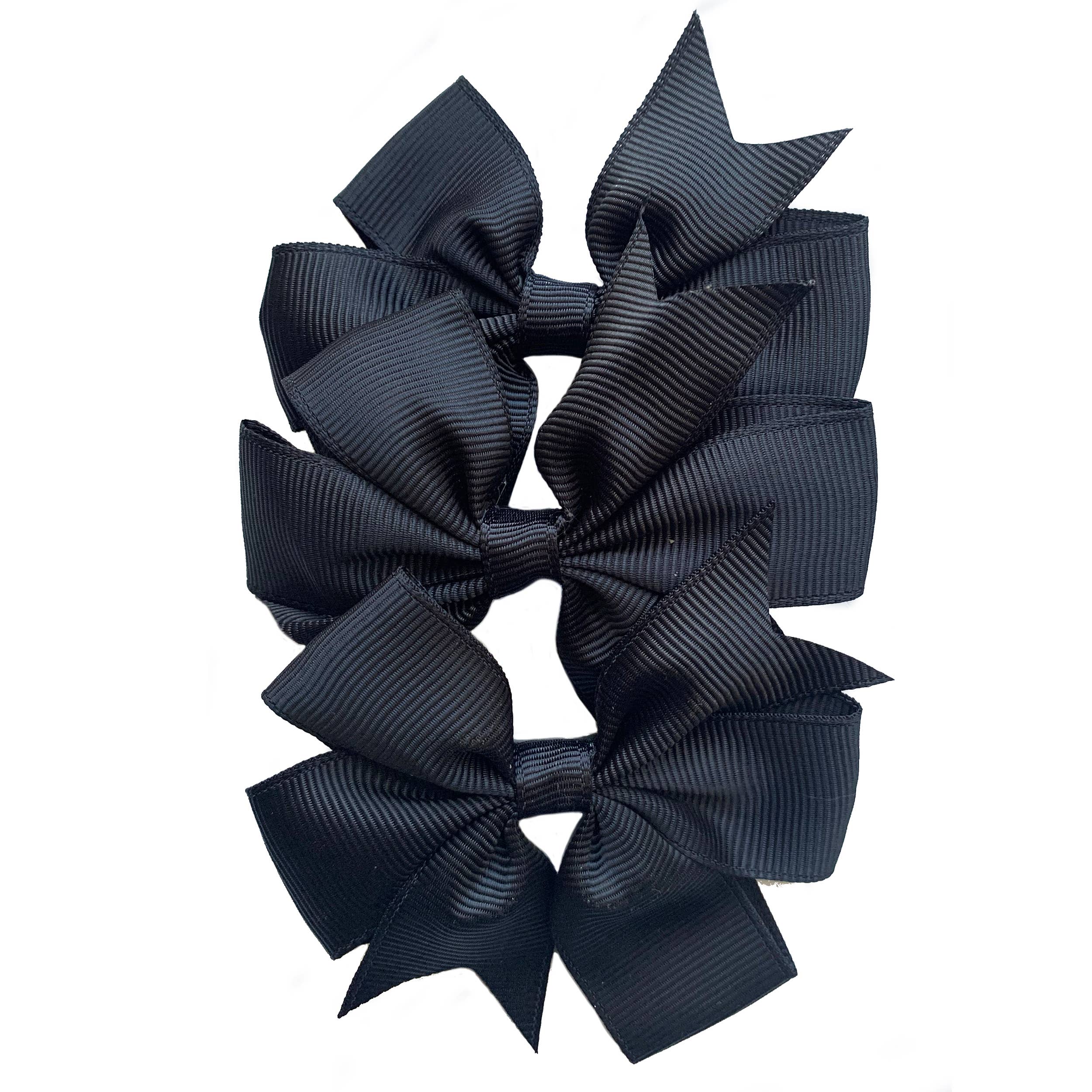 Set of 3- Black 4" Ribbon Bow Clips Kids Girls