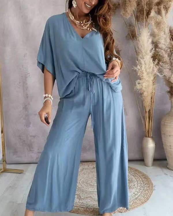 V-Neck Bat-Sleeve Casual Top Wide-Leg Pants Set