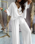 V-Neck Bat-Sleeve Casual Top Wide-Leg Pants Set