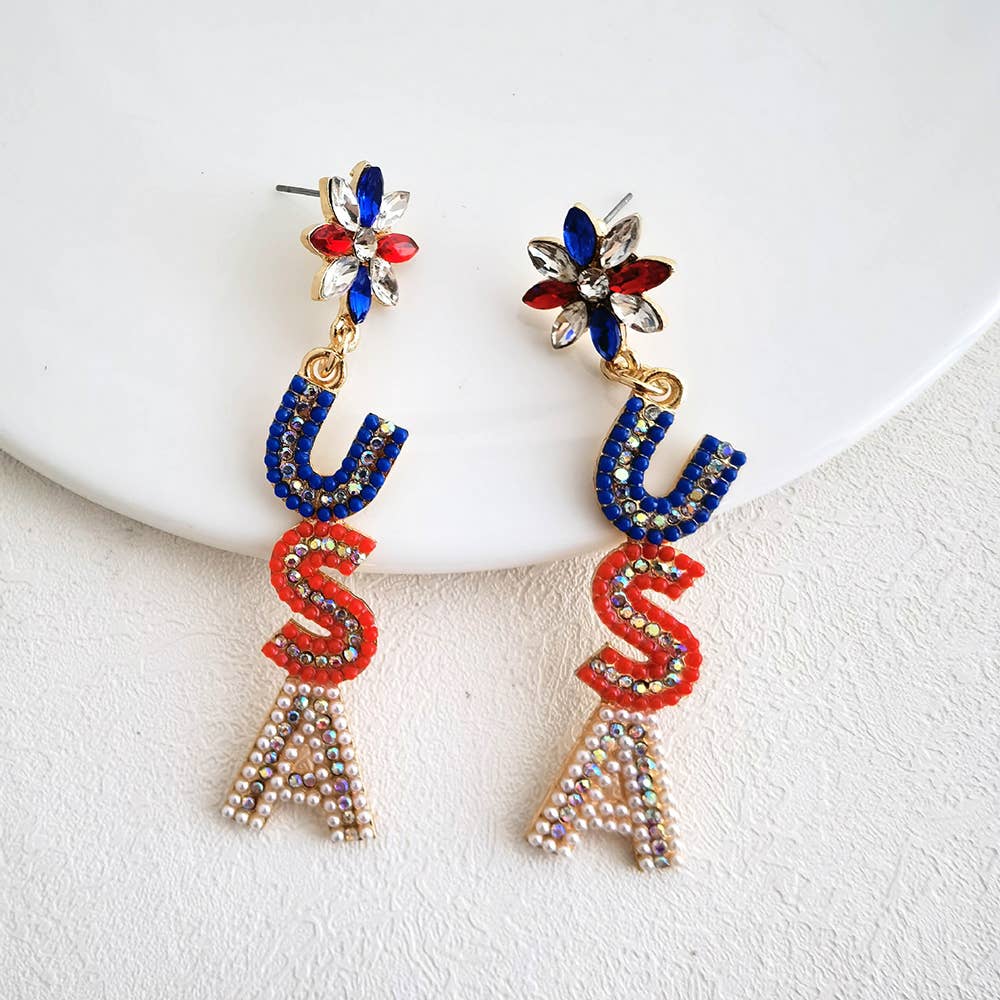 Alloy Set Rice Bead Earrings With Letters USA Earrings
