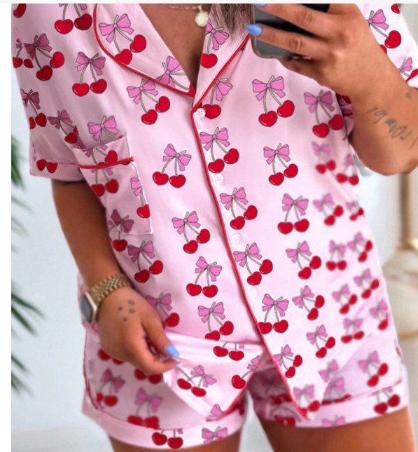 Pink Cherry Print Pajama Short Set