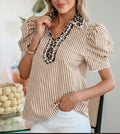 Brown Stripe Leopard Puff Sleeve Top