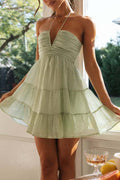 Solid halter plunge ruched swing mini shirred dress
