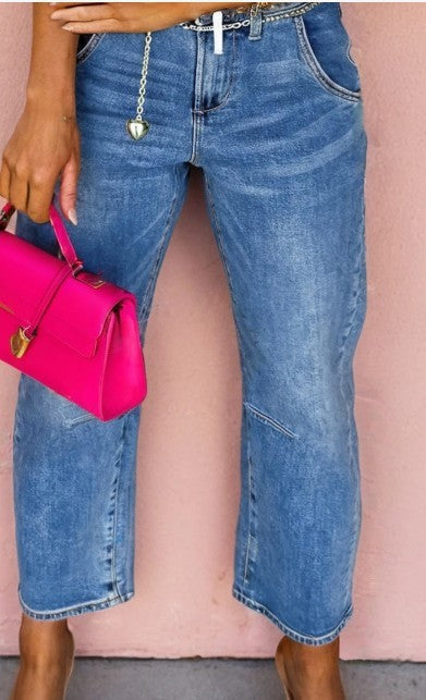 Dusk Blue Cropped Barrell Jeans
