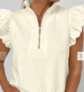 Beige Zipped Collared Ruffled Blouse