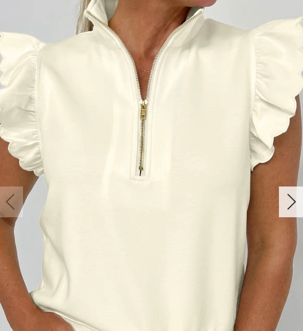 Beige Zipped Collared Ruffled Blouse