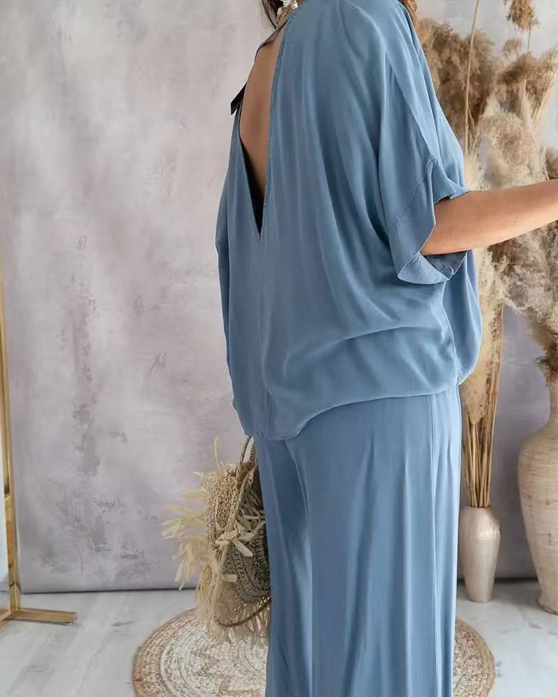 V-Neck Bat-Sleeve Casual Top Wide-Leg Pants Set