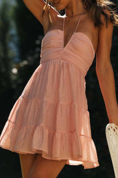 Solid halter plunge ruched swing mini shirred dress