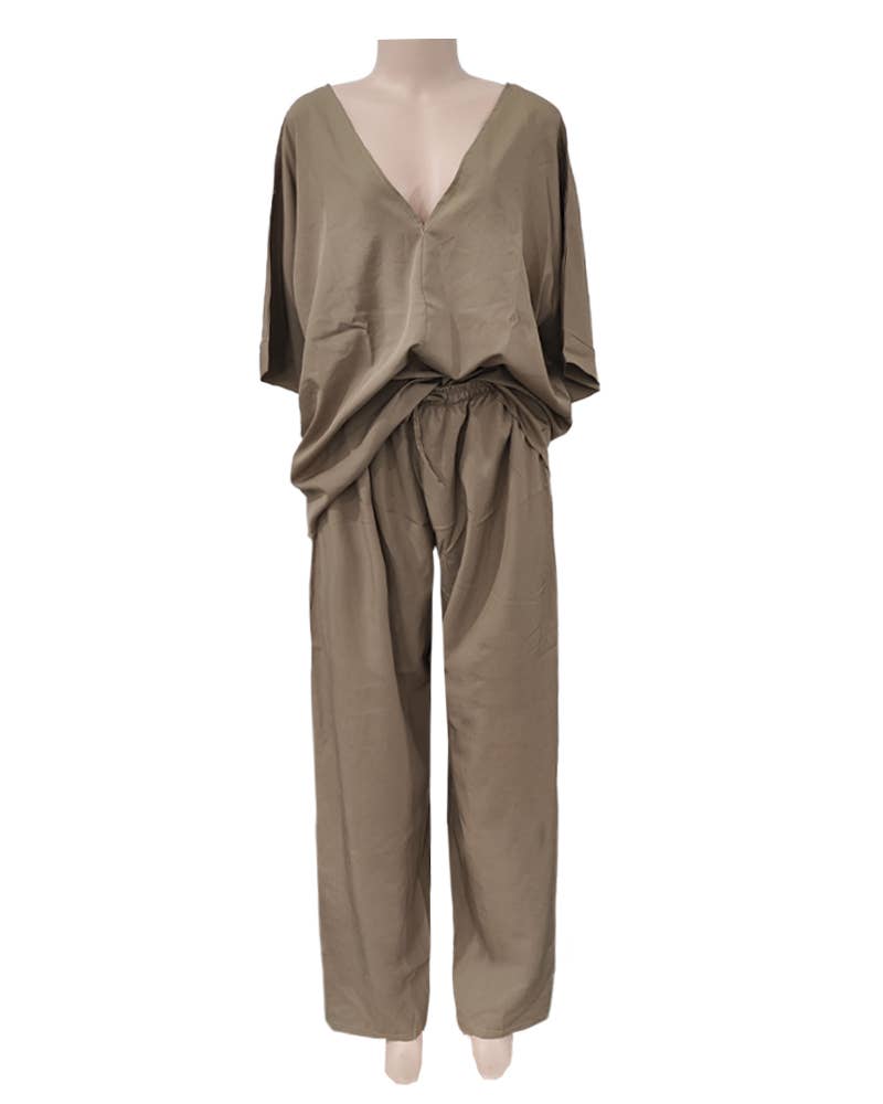 V-Neck Bat-Sleeve Casual Top Wide-Leg Pants Set