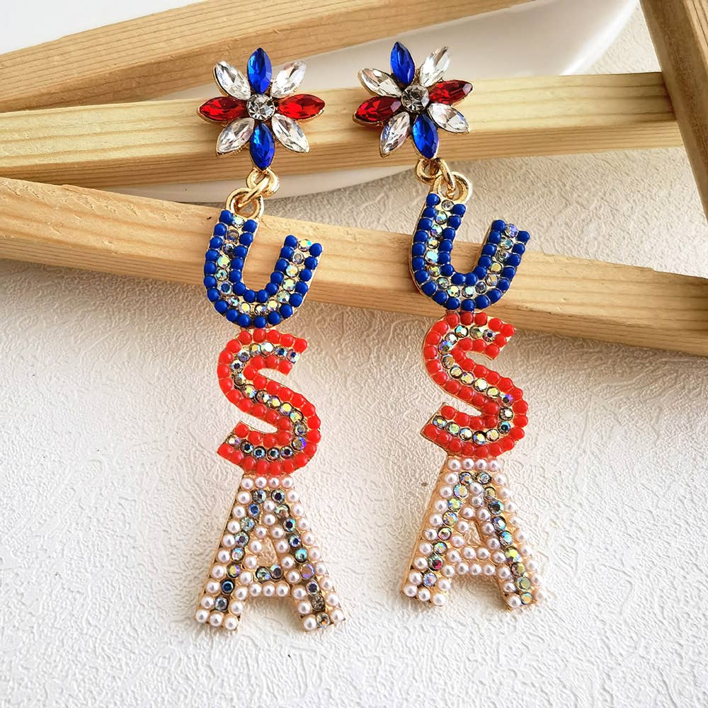 Alloy Set Rice Bead Earrings With Letters USA Earrings