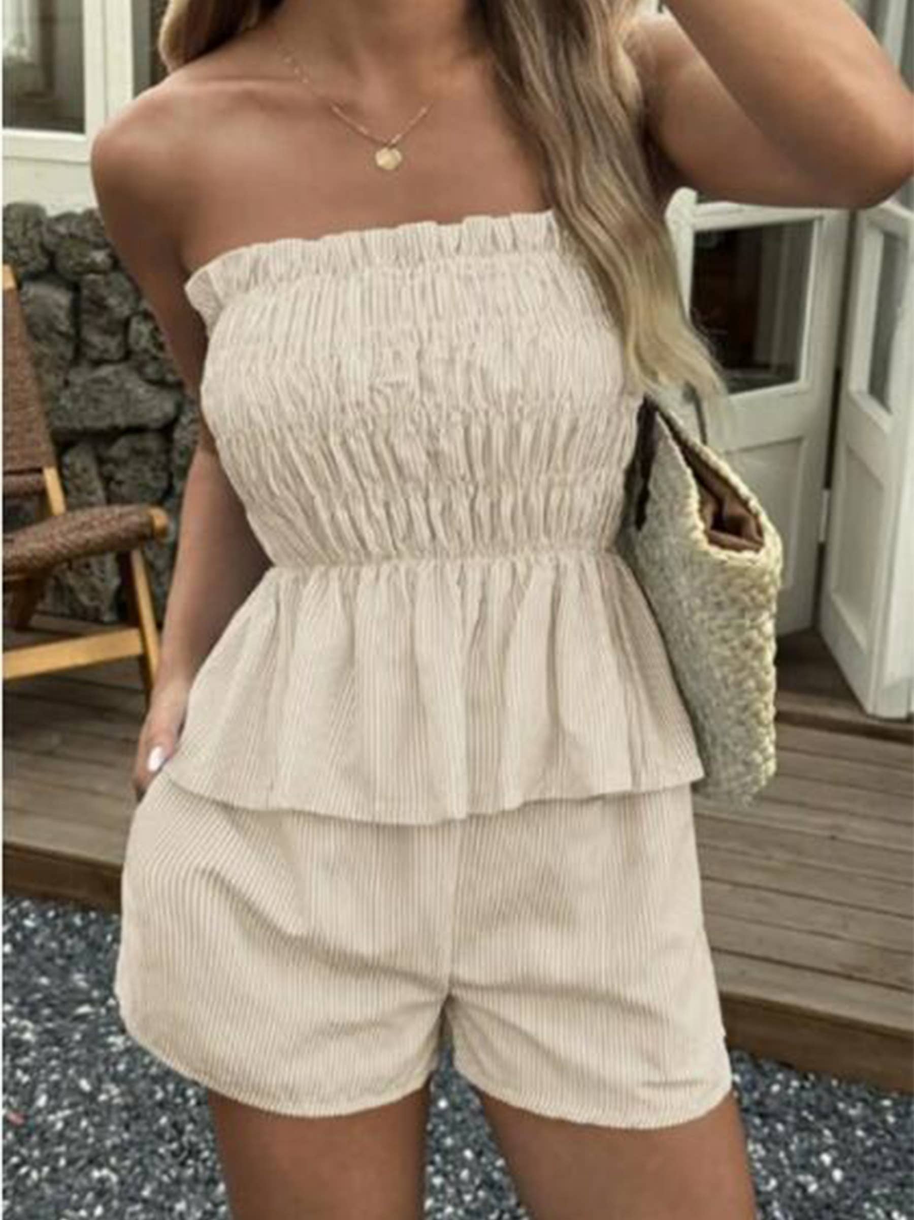 Casual Tube Top With Ruffle Shorts Set