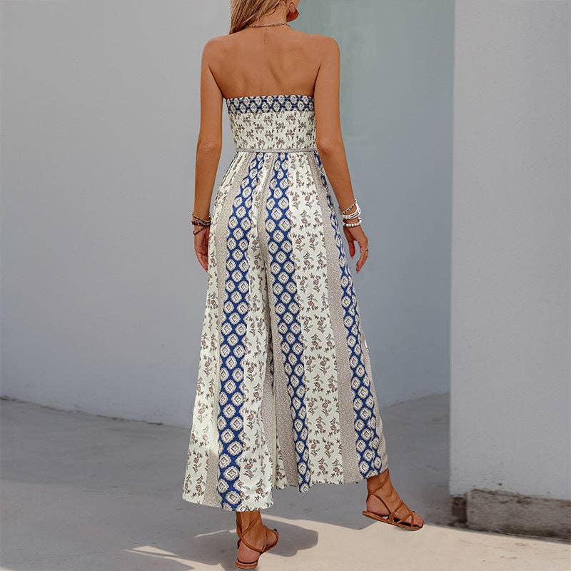 Strapless Smocked Romper Tube Top Flare Trousers Jumpsuit
