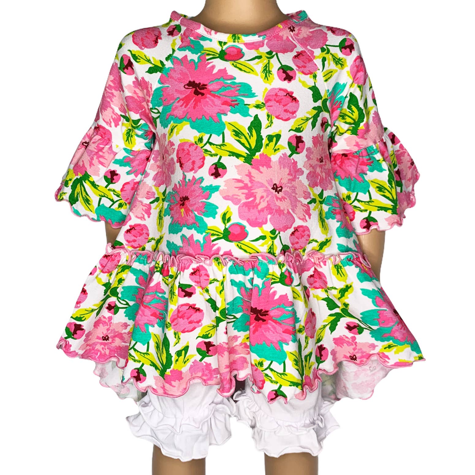 Girls Angel Sleeve Pink Floral Ruffle Hi Low Shirt Clothing