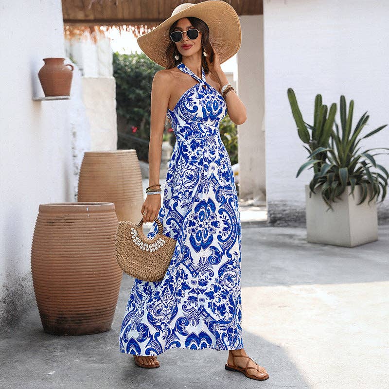 Blue Floral Halter Neck Maxi Dress Boho Vacation Style