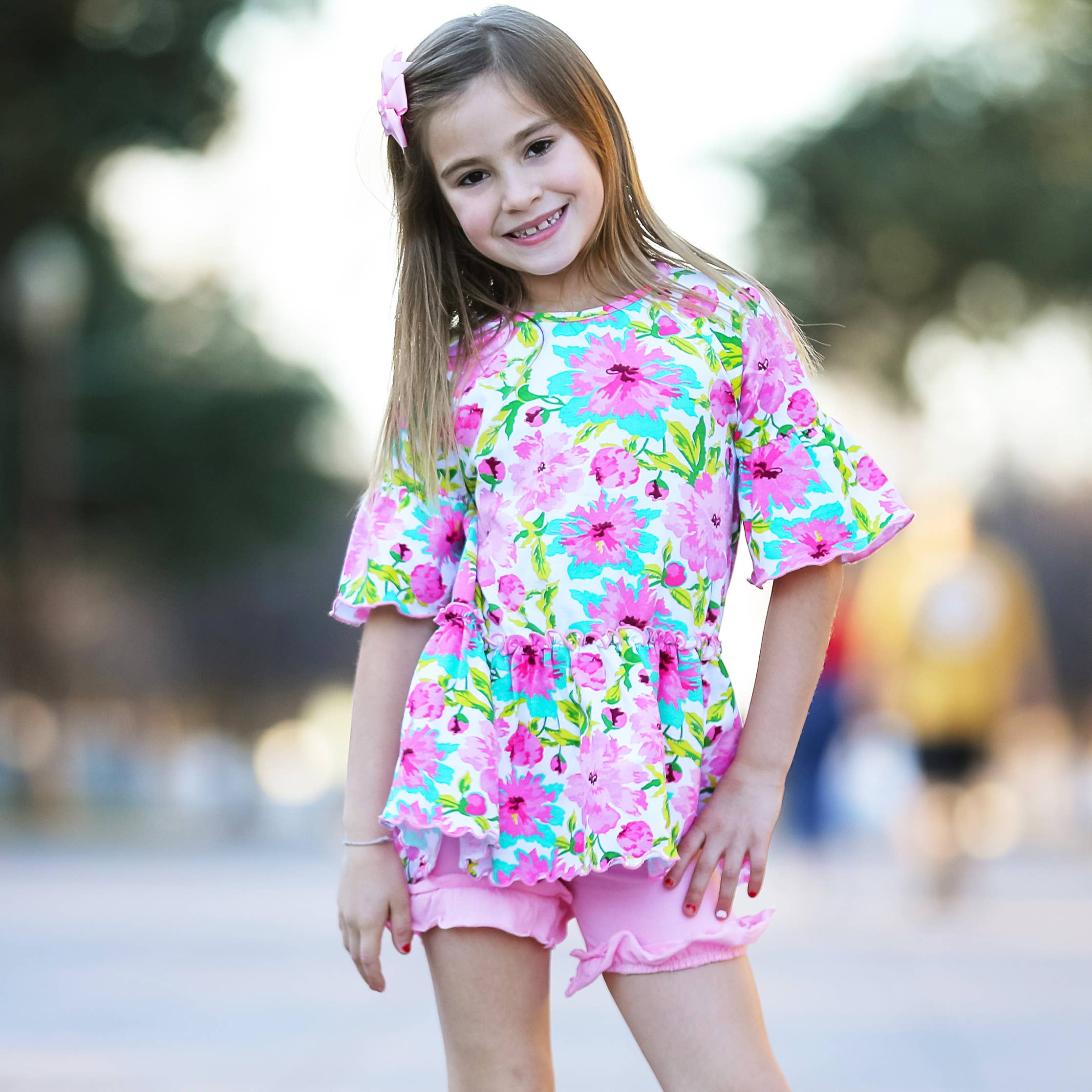 Girls Angel Sleeve Pink Floral Ruffle Hi Low Shirt Clothing