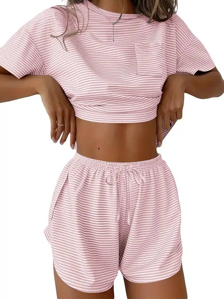 Women Striped Lounge Set Casual Loose Top and Shorts Set